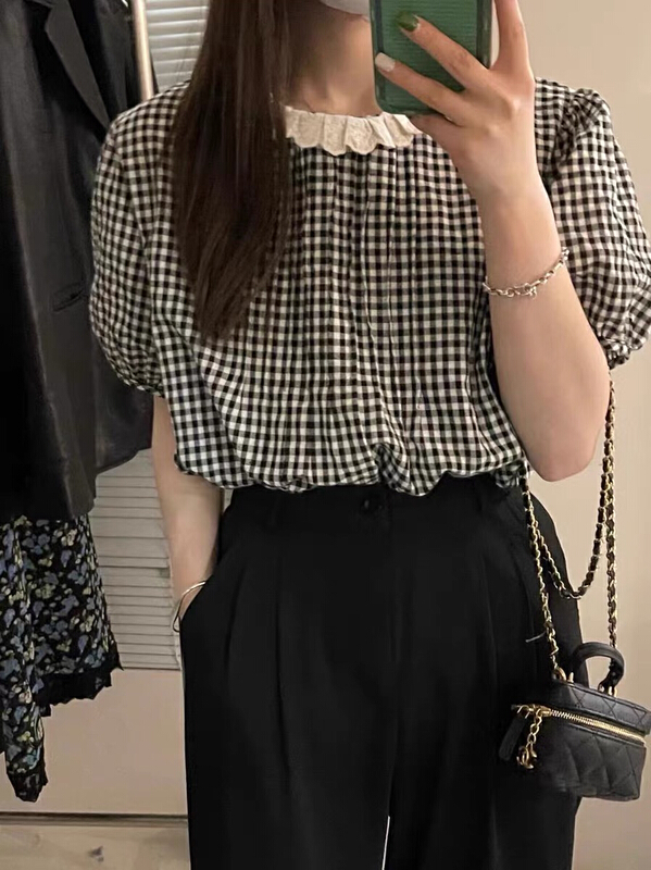[Daidai] French lace baby collar plaid shirt 4914\hbx