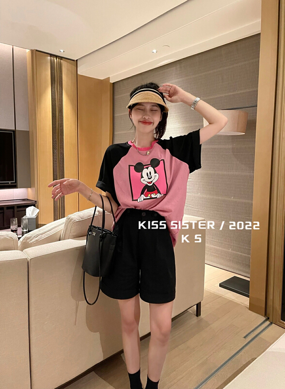 [kiss sister] Korean color blocking raglan sleeve Mickey printed short sleeve T-shirt 9209\ozq
