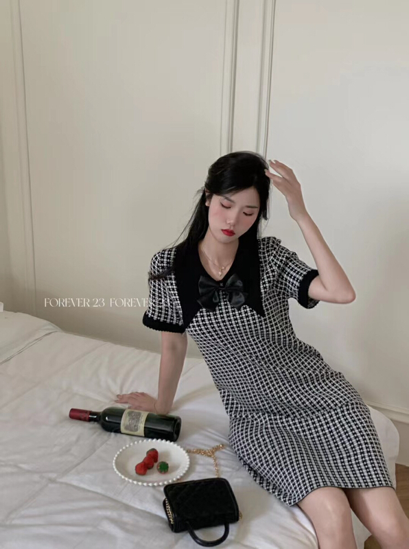 [forever23] French Plaid Polo neck waist dress (with Brooch) a1095\hjy