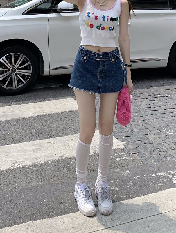 [ten.] Korean hot girls' short skirt denim skirt (with belt) y11\wpl