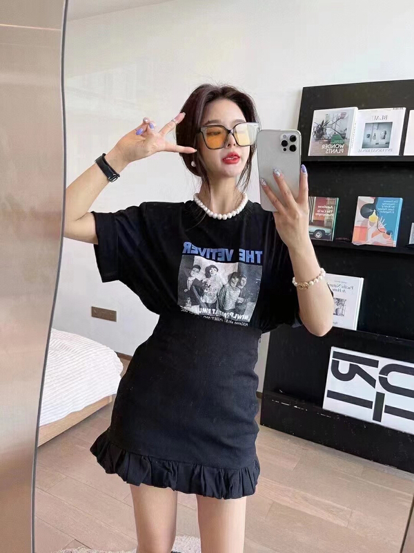 [rm.hh] American retro printed short sleeve T-shirt + high waist versatile skirt set 2017\pcz