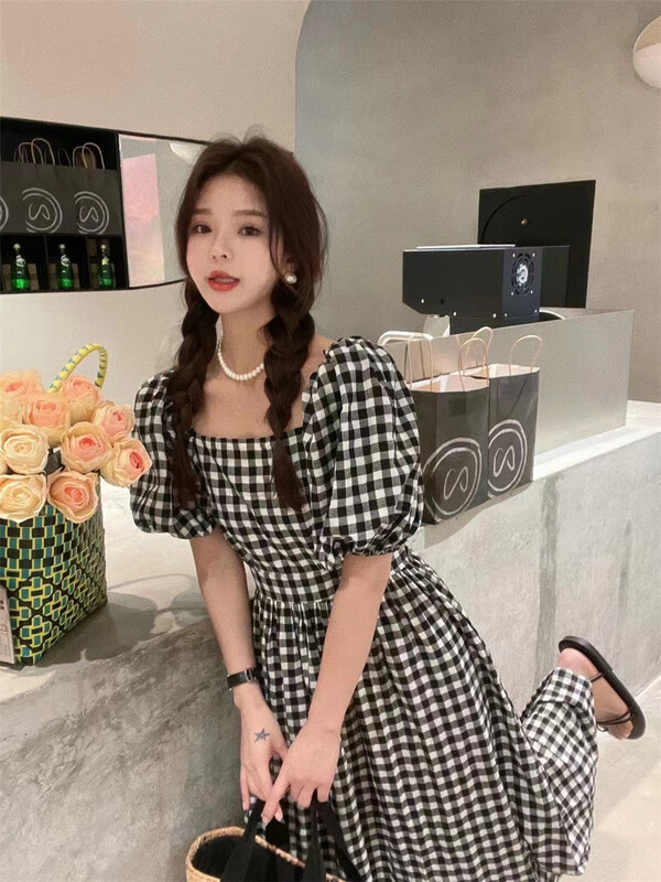 [FC] Korean style square neck Plaid Dress 1123-1\pcz