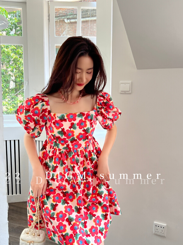 【 digm 】 French square neck floral thin bubble sleeve dress 1622-2\zxx