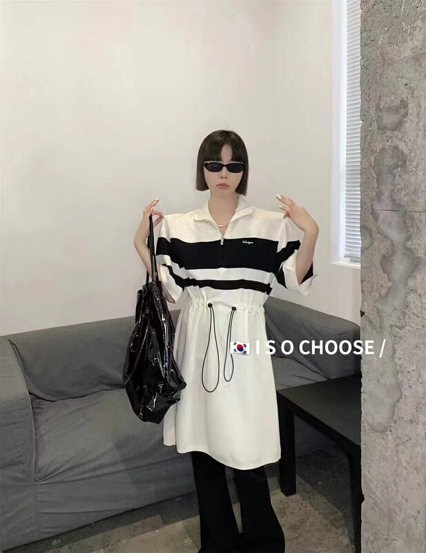 [ISO Korean] Korean loose foreign style stripe contrast letter dress 6340\hjy