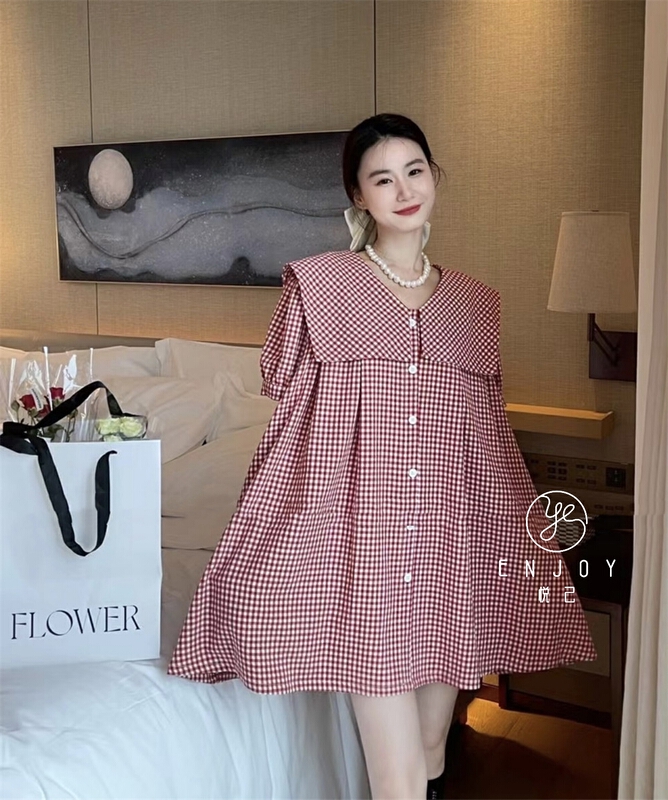 [enjoy · Yueji] Plaid Navy collar Pleated Dress 8913\pcz