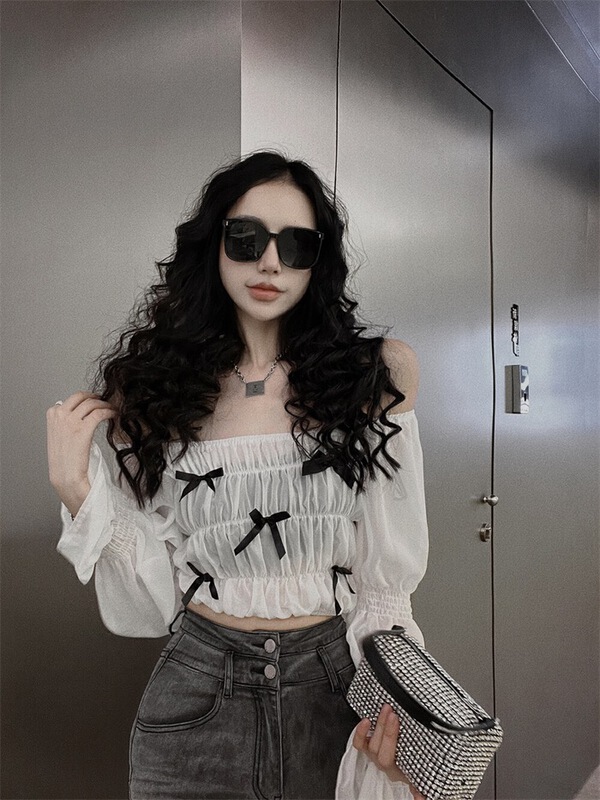 [d.ffstudio] bow tie long sleeve Pullover off shoulder shirt 1142\wtt