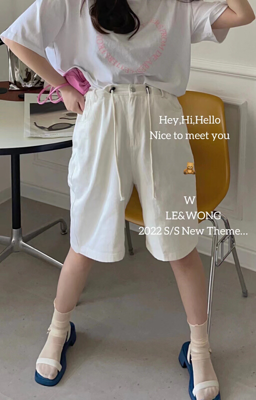 [le&wong] versatile loose elastic waist drawstring denim shorts denim shorts 8862