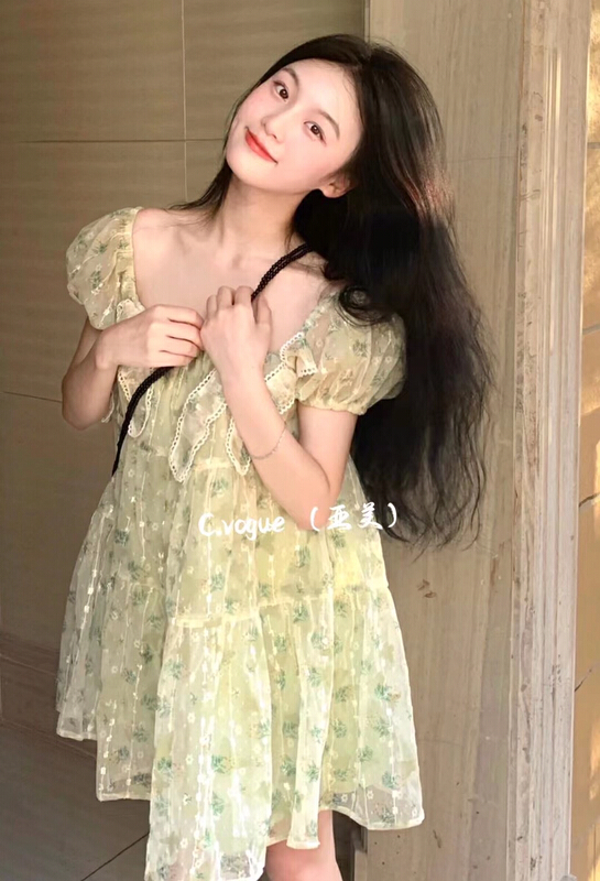 【C.VOGUE】韓系溫柔復古重工刺繡一字肩短袖碎花連衣裙  YS2-8860#  PCZ