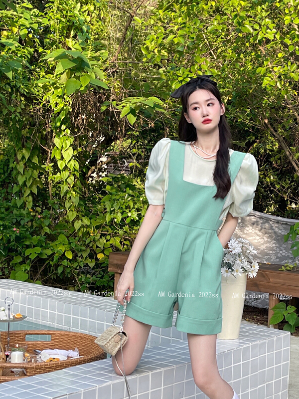 [am Gardenia] Korean style bubble sleeve shirt + waist closing Jumpsuit two piece set 3625\pcz