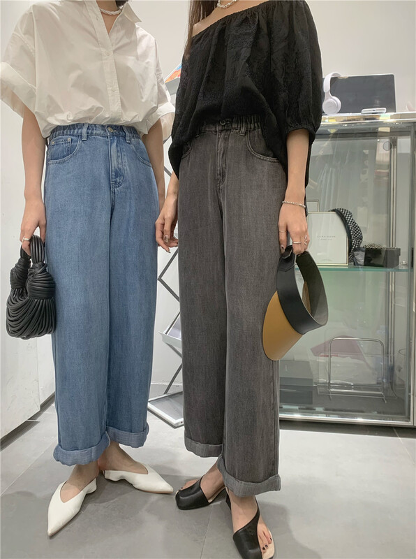 Tencel fabric [t-platform] Korean loose rolled elastic waist jeans 8572\cqw