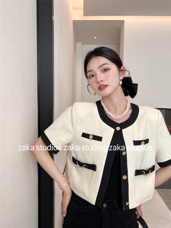 [Zaka] small fragrance color contrast splicing short sleeve jacket ys1-58256\l