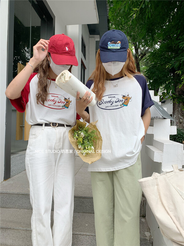 [naisijia] raglan sleeve contrast cartoon printed short sleeve T-shirt 9002\zjy