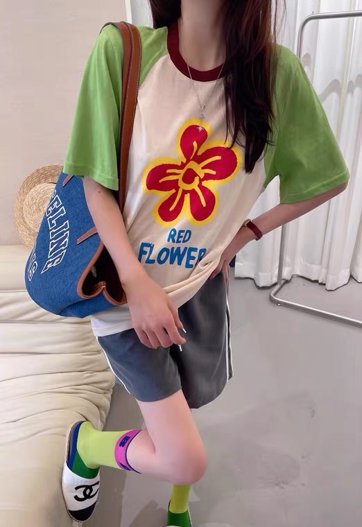 [Haimi] hand printed mosaic contrast short sleeve T-shirt 1931\wtt