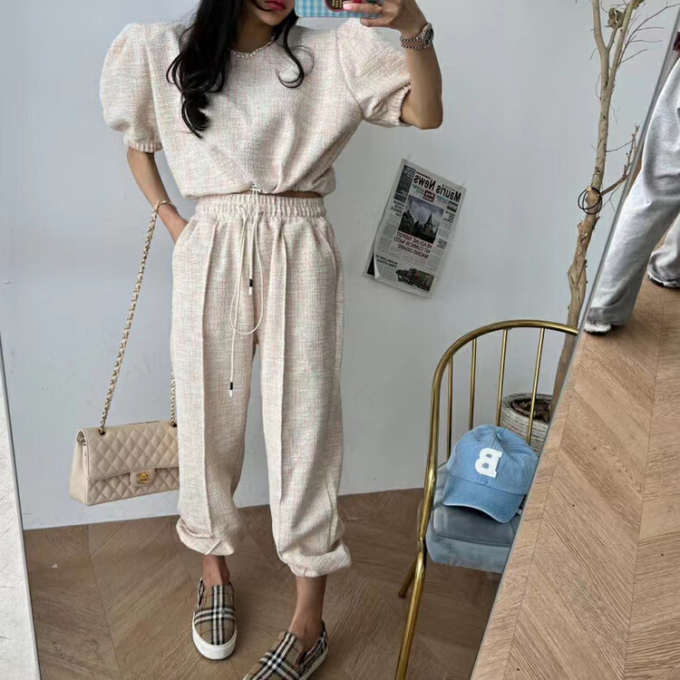 [31 fashion] Korean style small fragrance shirt + high waist slim casual pants set 81637\hjy