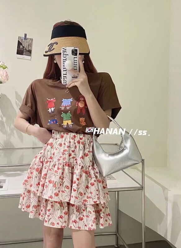 [ya.mei] Elastic Waist Chiffon cake layer floral skirt 6377\ll