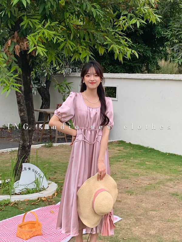 [ing] Vintage square neck waist strap dress ing6939
