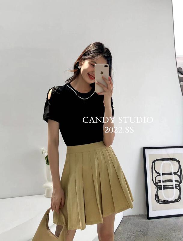 [candy] Korean round neck bubble sleeve clean short sleeve T-shirt (with detachable chain) ys1-3337\zjy