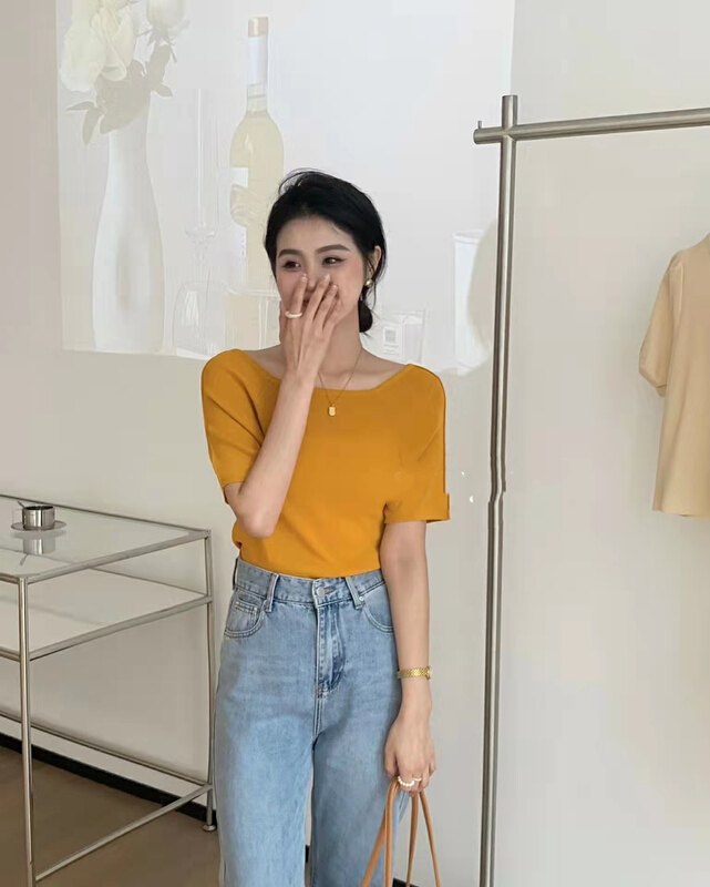 [Qiqi clothes house] one line collar slim fitting sweater 0118\xyy