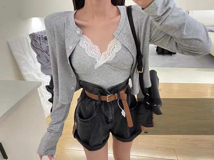 [c.x Chuxin] lace edge white vest + versatile comfortable knitted open suit -6136\wtt