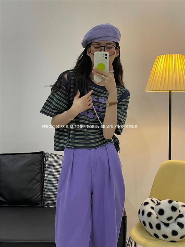 [Miss Jia] letter print stripe short sleeve T-shirt 6678\xyy