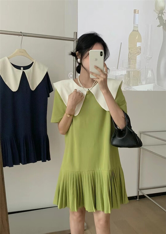 [CCJ] Korean color contrast baby collar dress 8190\hjy