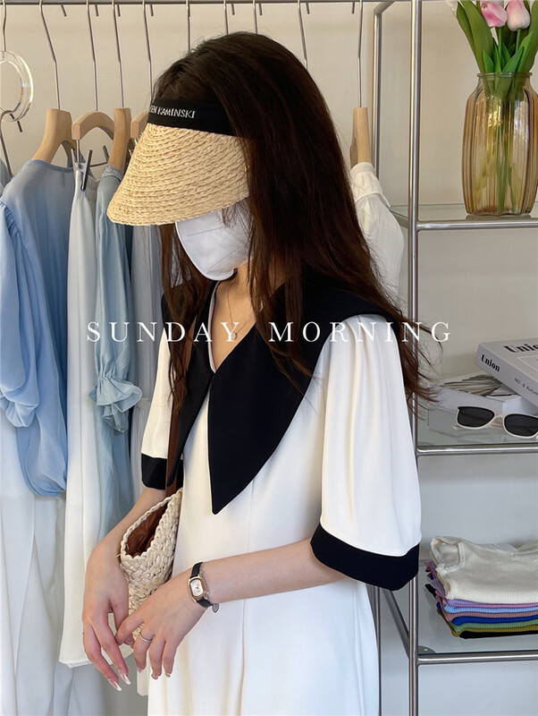 [Sunday morning] French large lapel color contrast dress 6988\zjy