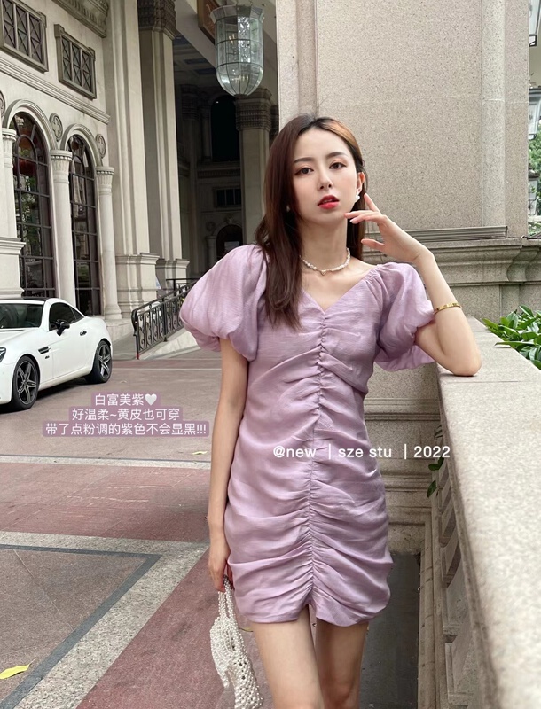 [Sze] V-neck pleated Tencel dress 90592