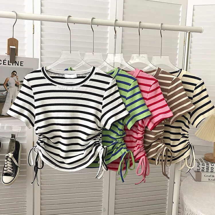 [Gangan] two side drawcord tie stripe crew neck versatile shirt 2233\cl