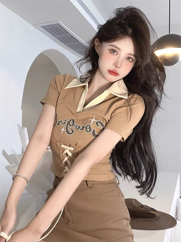 [Julia] pure desire letter Polo neck drawstring short short sleeve T-shirt ys1-1010\pcz
