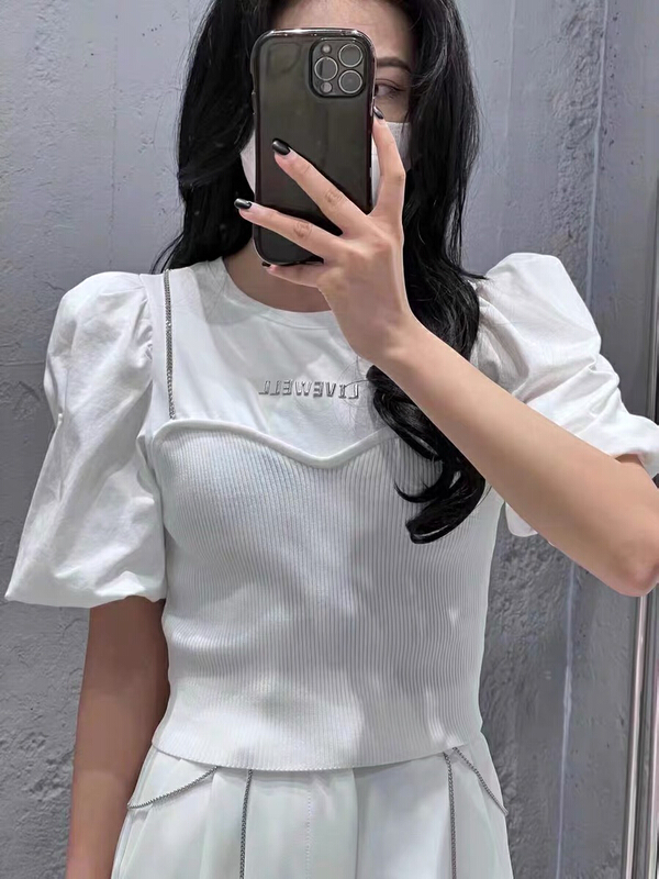 [blue show] heavy industry fake two knitted bubble sleeve blouses 7109\lsw