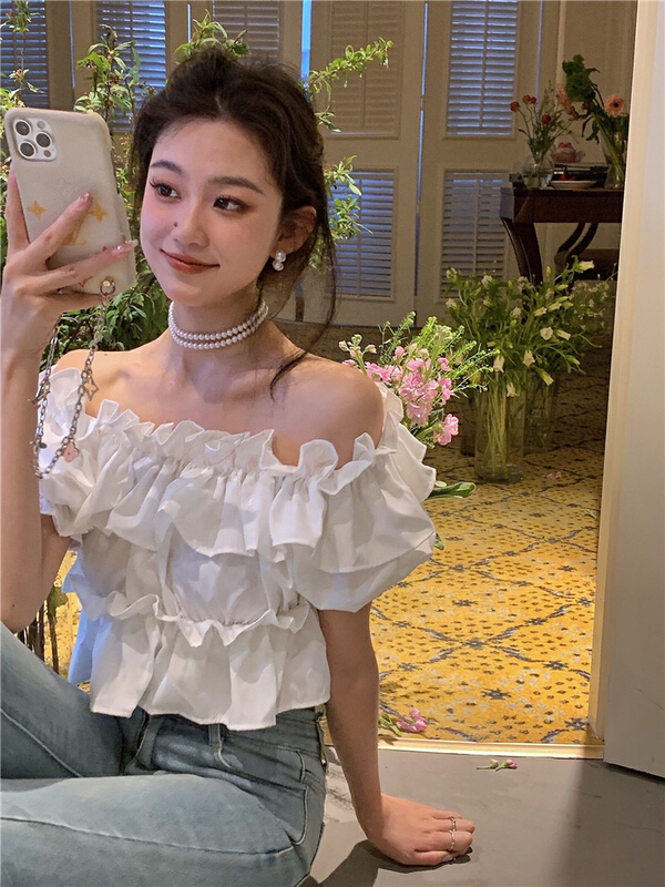 [lu+] thin shirt with ruffle and off the shoulder 7350\hjy