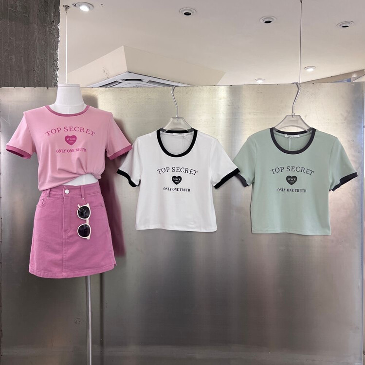 [June] casual simple short color contrast printed short sleeve T-shirt 802961\xyy