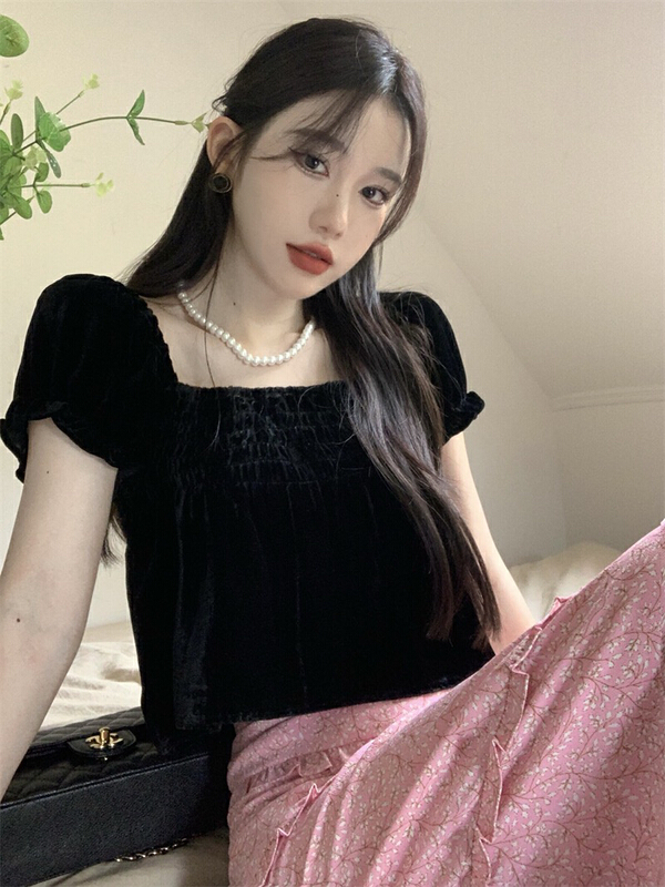 [by] Vintage velvet off shoulder short shirt 6965\cl