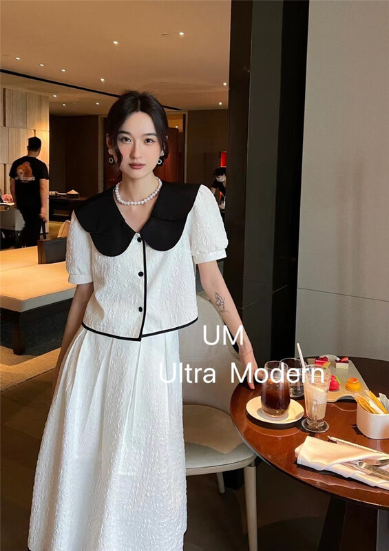[um micron] lady's gentle large lapel shirt +a-line large swing skirt suit 66529\hjy