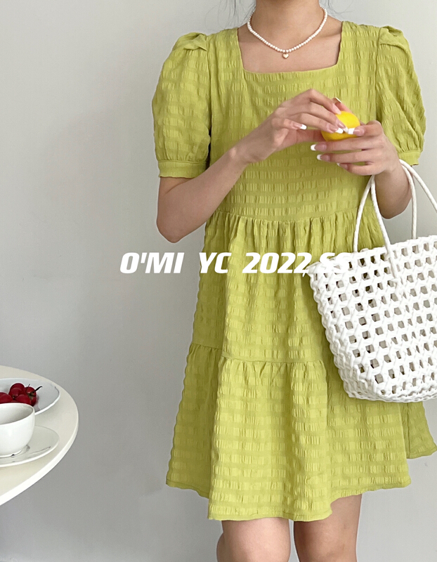 [O MI] square neck pleated fashion dress ys-7632