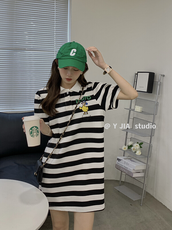 In early summer! [y.jia EJA] polo collar cartoon print stripe dress ys2-5608\pcz