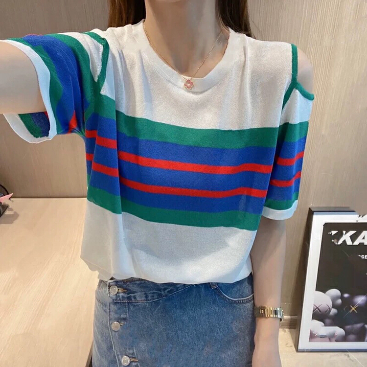 [S.J] off shoulder color contrast stripe design sense niche T-shirt 6897\lsw