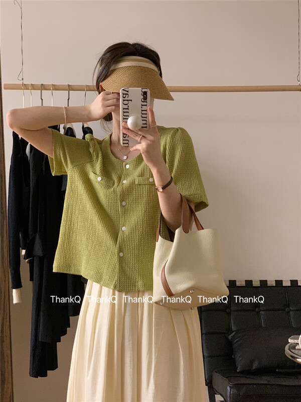 [thankq] Korean style round neck button up shirt 6859\zjy