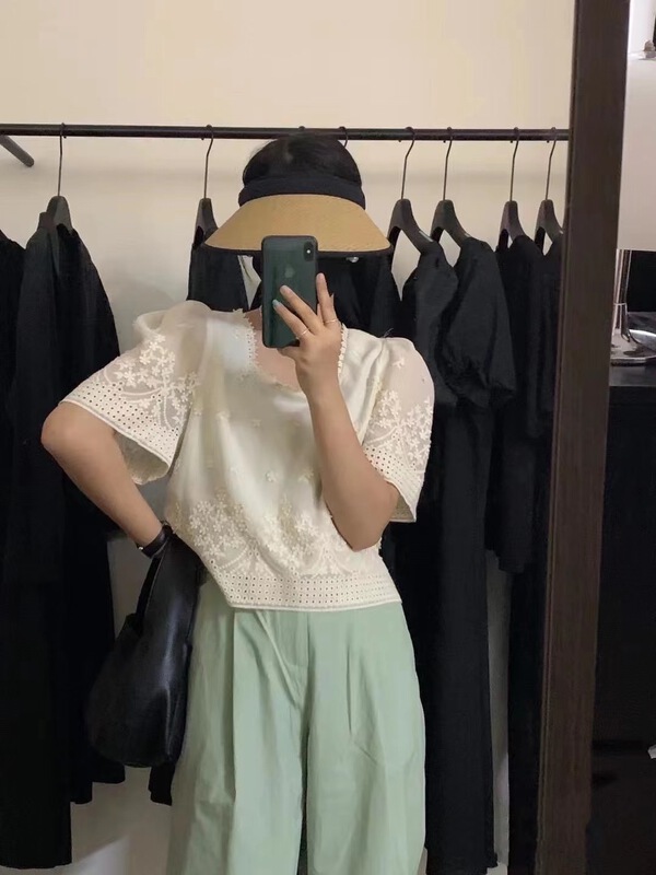 [o.lucky] square neck bubble sleeve embroidered shirt 1823\hbx
