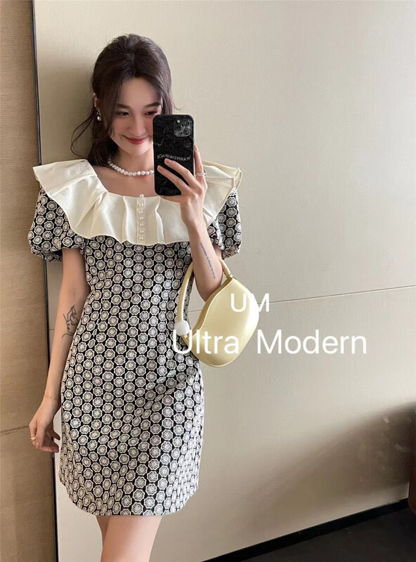 [um micron] elegant lotus leaf collar slim fitting dress 66532\hjy