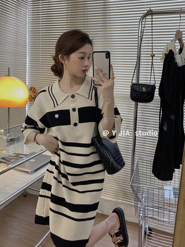 [y.jia EJA] personalized stripe aging polo collar middle sleeve dress ys1-219