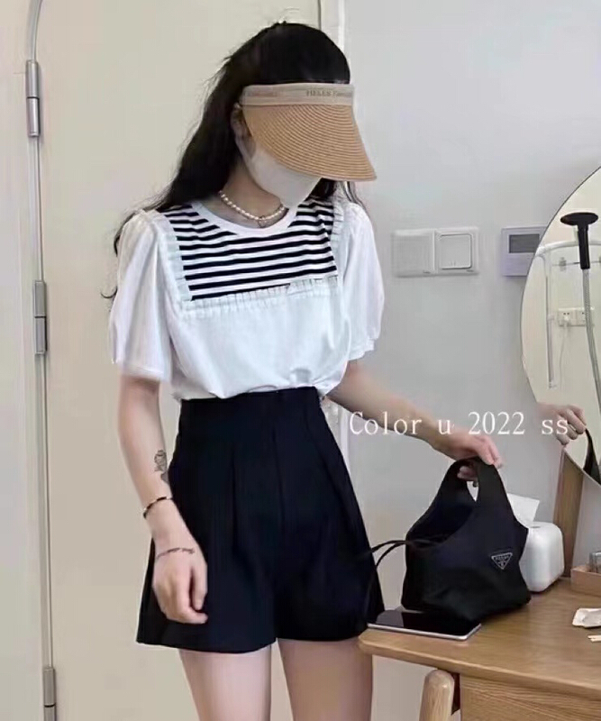 【8】 Black and white stripe patchwork lace sweet short sleeve T-shirt 9933\xyy