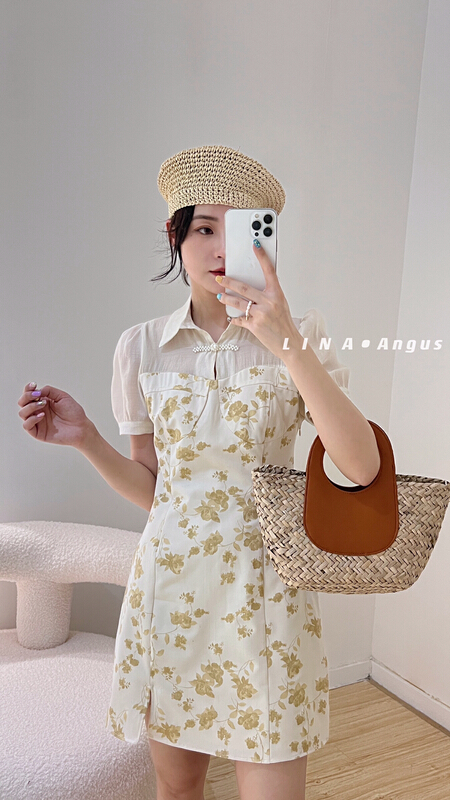 [Lina] retro flower stitched pearl button dress 0189\hjy
