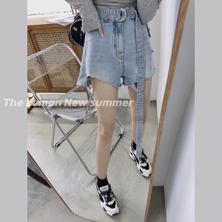 [lemon green tea] Korean spicy girls' skinny denim shorts (with detachable belt) b-722\hjy