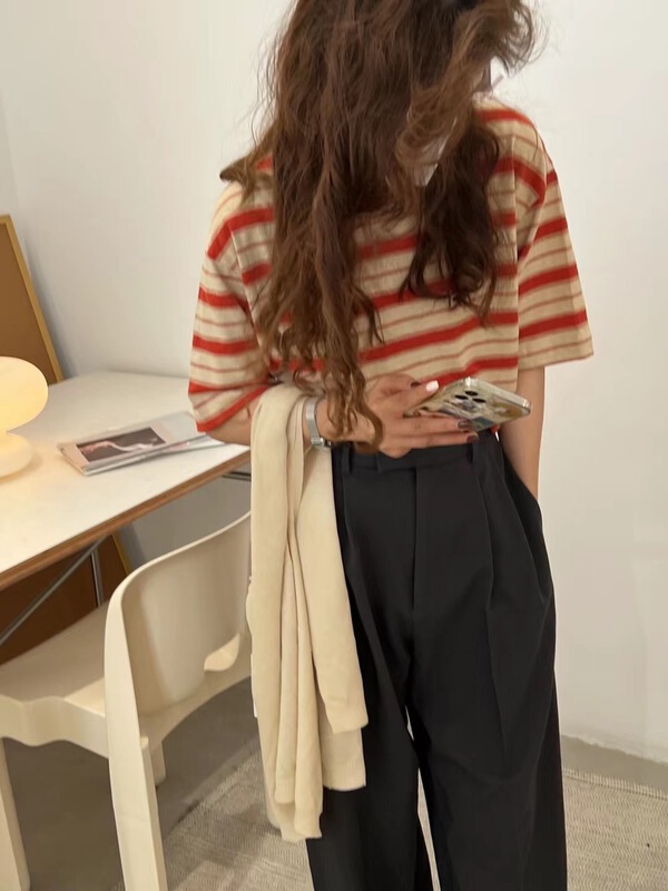 [sanbara] simple loose stripe short sleeve T-shirt 9573-1\lsw