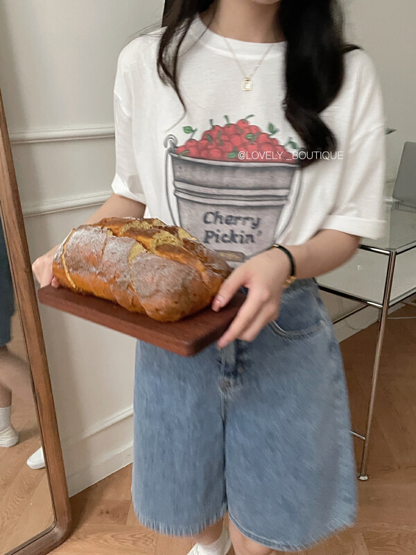 [love] Korean loose casual casual casual cherry short sleeve T-shirt z1196\hbx