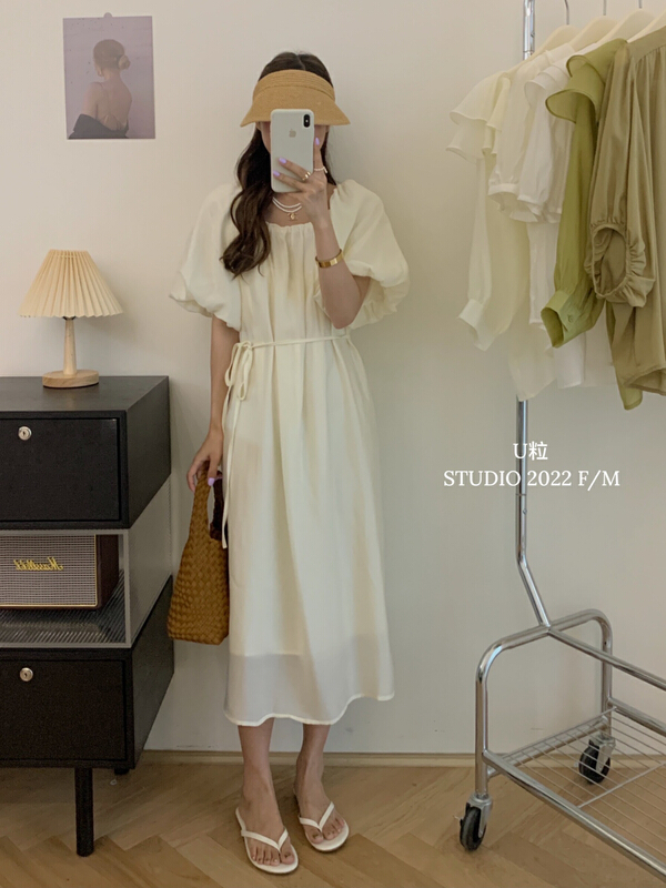 [U grain] fashionable lady Tiansi bubble sleeve dress (with waist rope) 5795\hbx