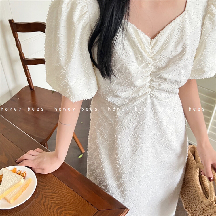 [honeybees] V-neck bubble sleeve lady dress ys1-8915\l