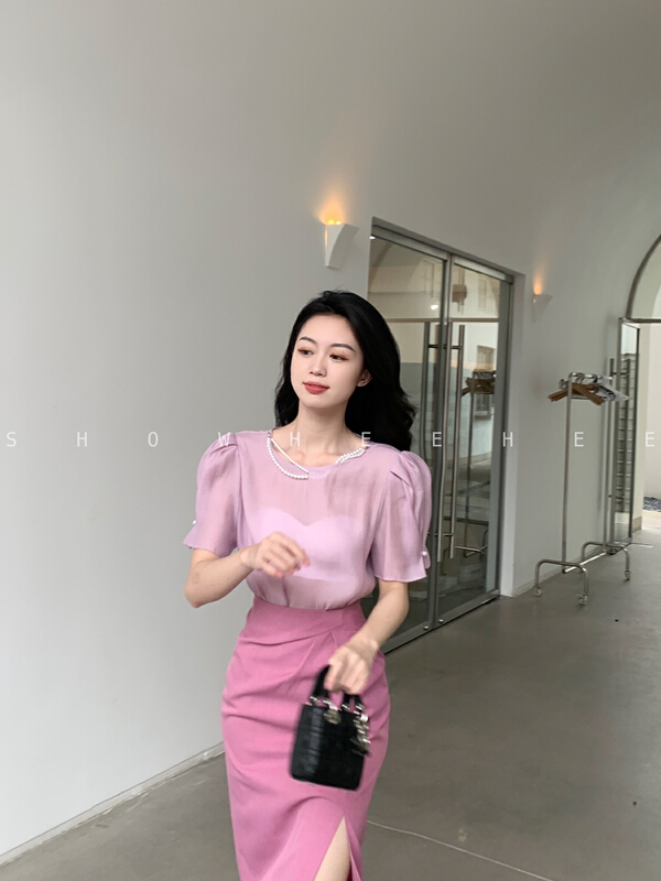 [xiuxixi] chic Tencel bubble sleeve shirt (with pearl chain) 9129\jhy
