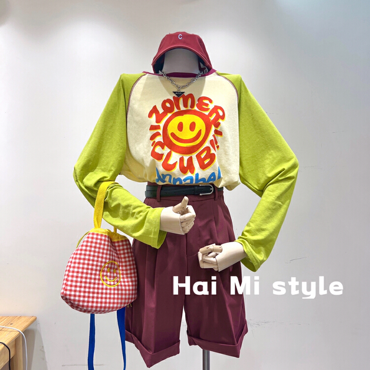 [Haimi] Korean mosaic color contrast hand printed sunscreen shirt 1911\t
